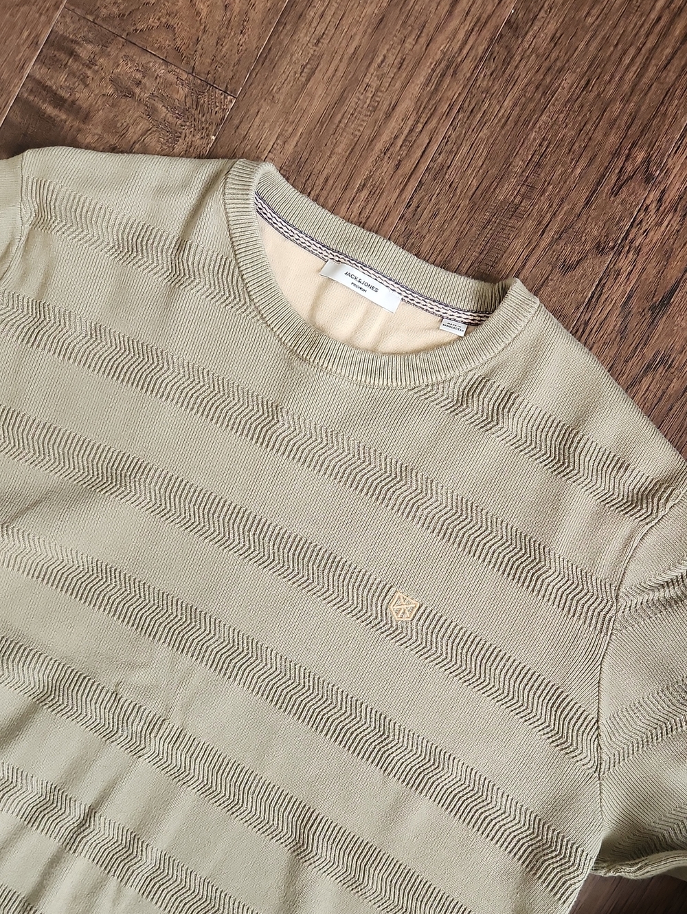 Jack & Jones Light Olive Crewneck Sweater with Subtle Chevron Texture